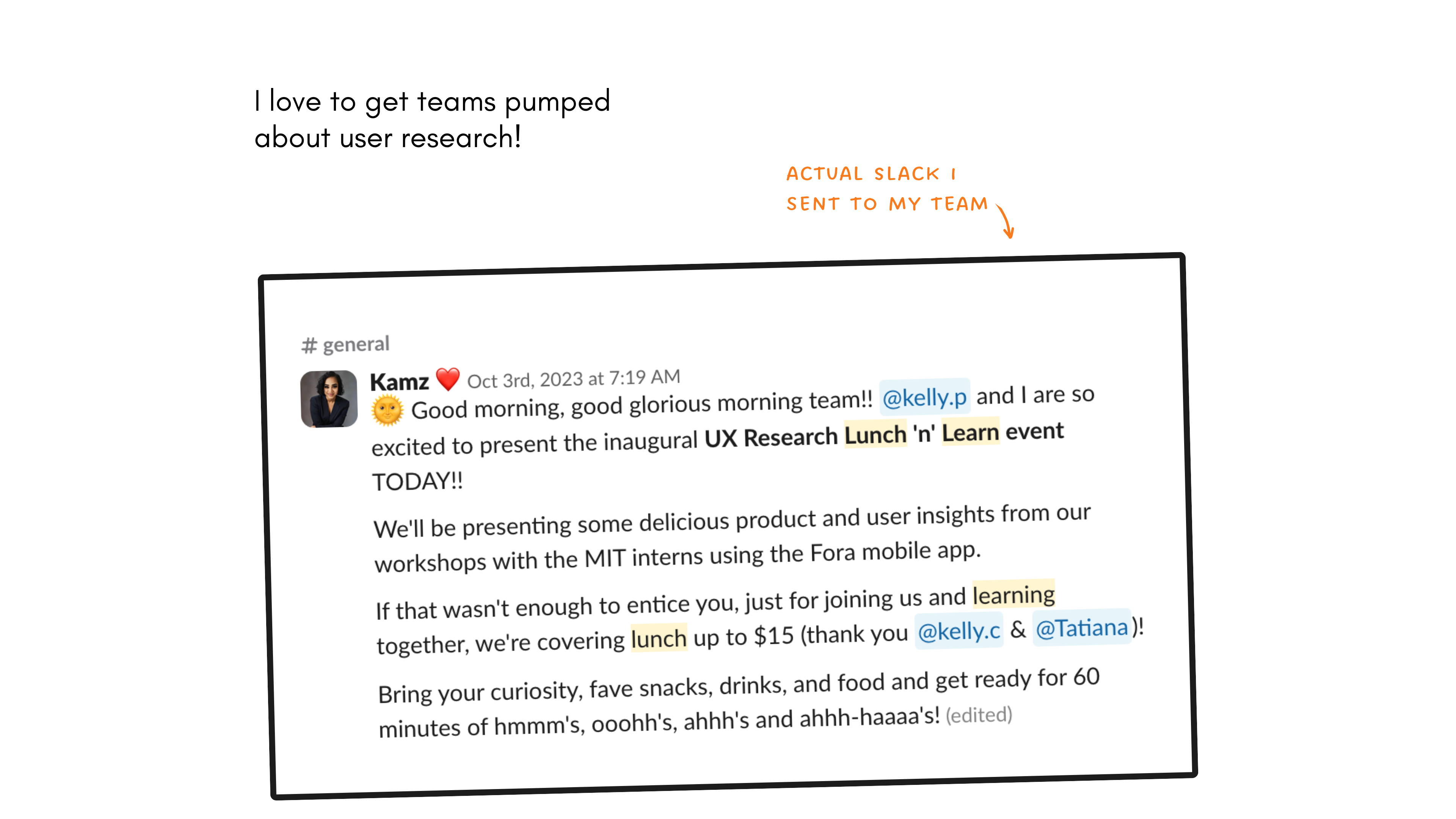 screenshot of a happy slack message to team to get them excited about lunch and learn